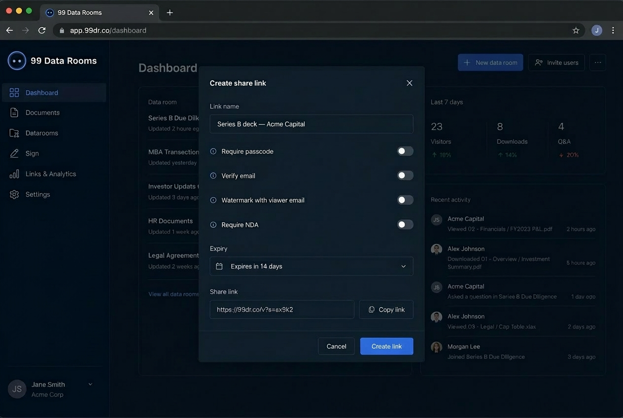 Share link dialog with required email, passcode and expiry settings
